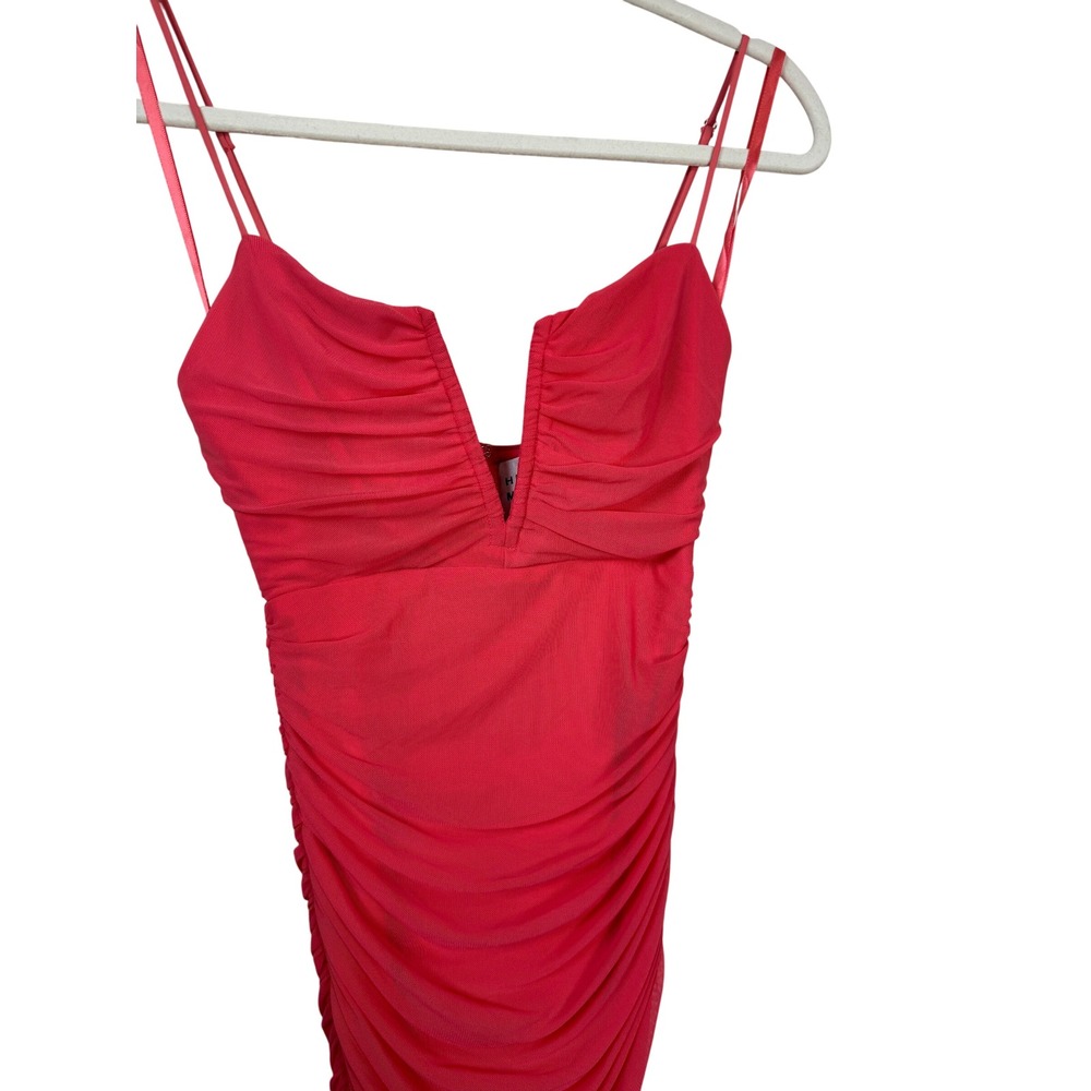 Hello Molly Coral Pink Ruched Mesh V Neck Bodycon Mini Dress Womens US 4 - Picture 3 of 6